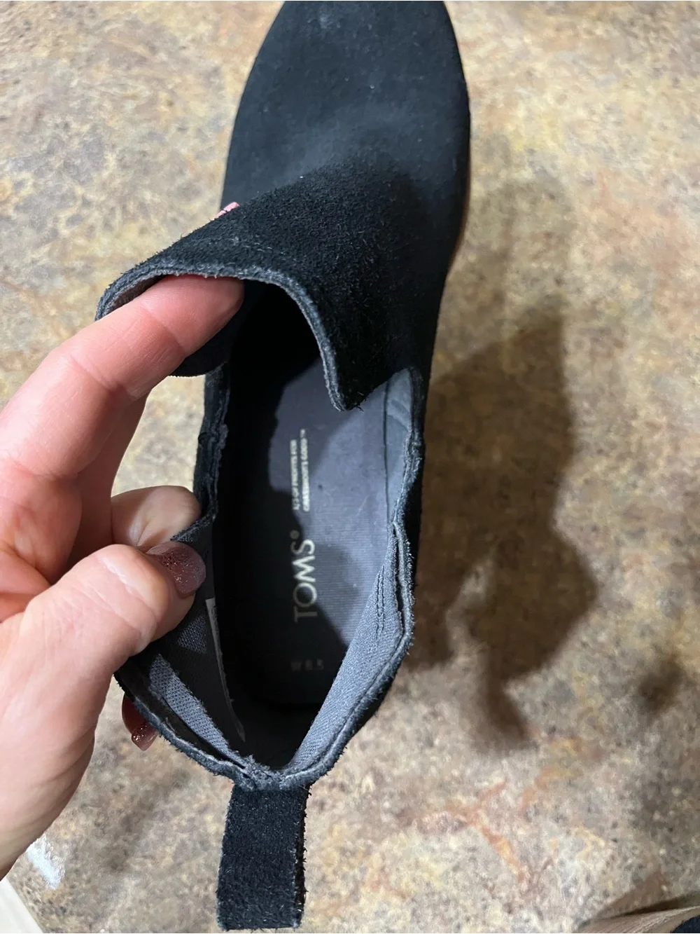 TOMS Black Suede Wedge Ankle Booties Cutout Stacked Heel Sz 8.5 Fall Winter